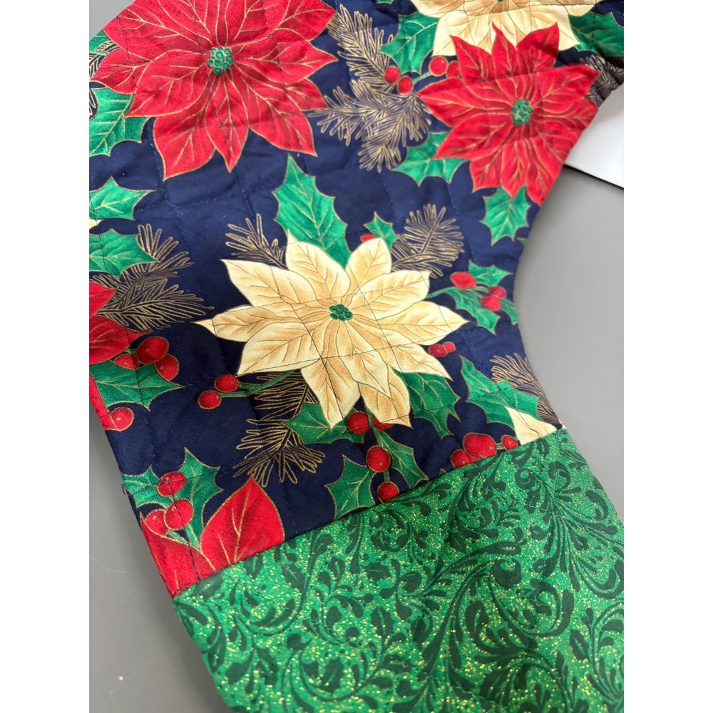 Vintage Quilted Christmas Stocking Poinsettia Floral Gold Fringe Green Cuff 26in - Picture 3 of 8